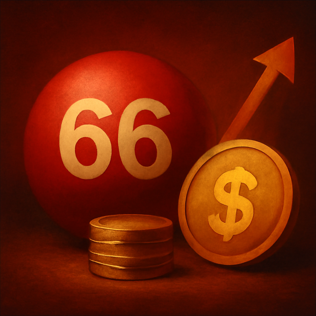 A badge representing the 66 Lottery Game app features.